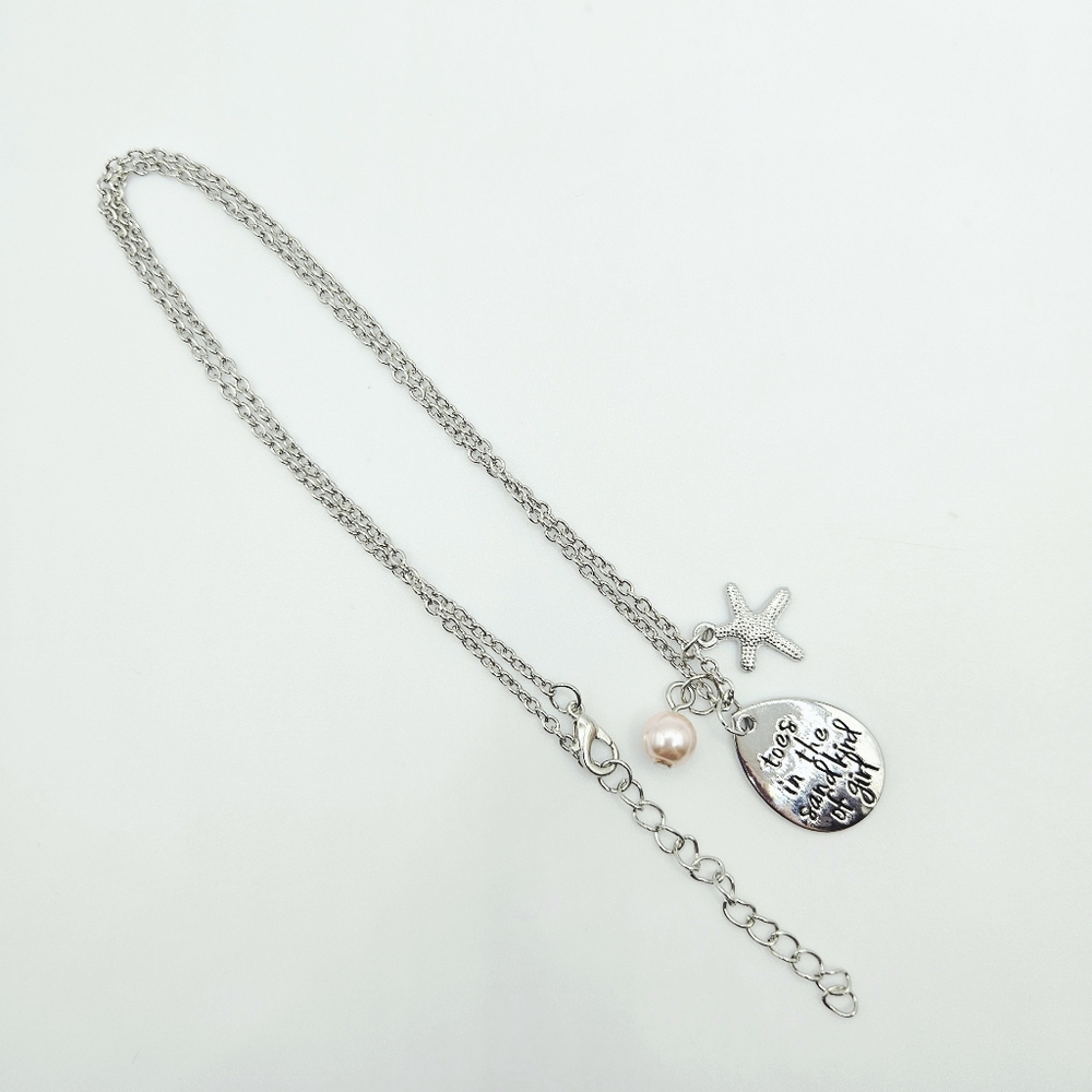 Toes In The Sand Kind of Girl Beach Starfish Pink Pearl Bead Charms Necklace New - Picture 2 of 2